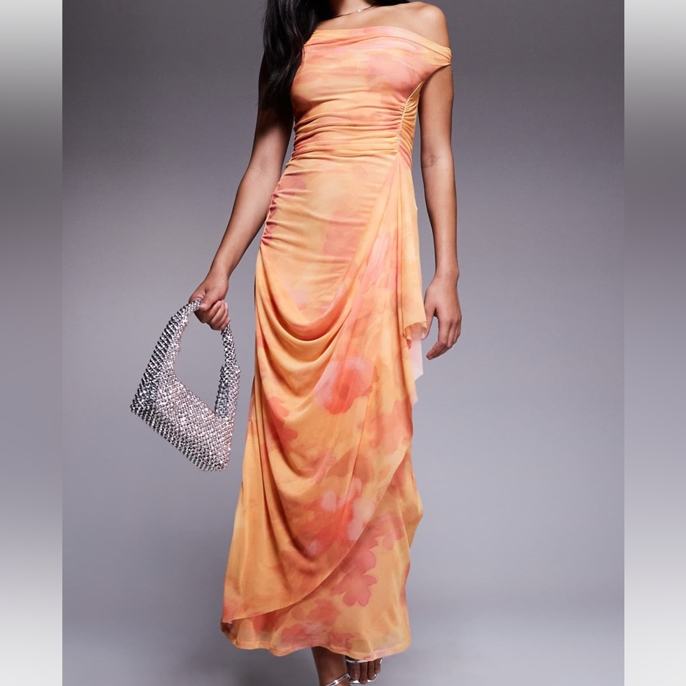 ASOS One-Shoulder Draped Floral Maxi Dress in Peach and Coral